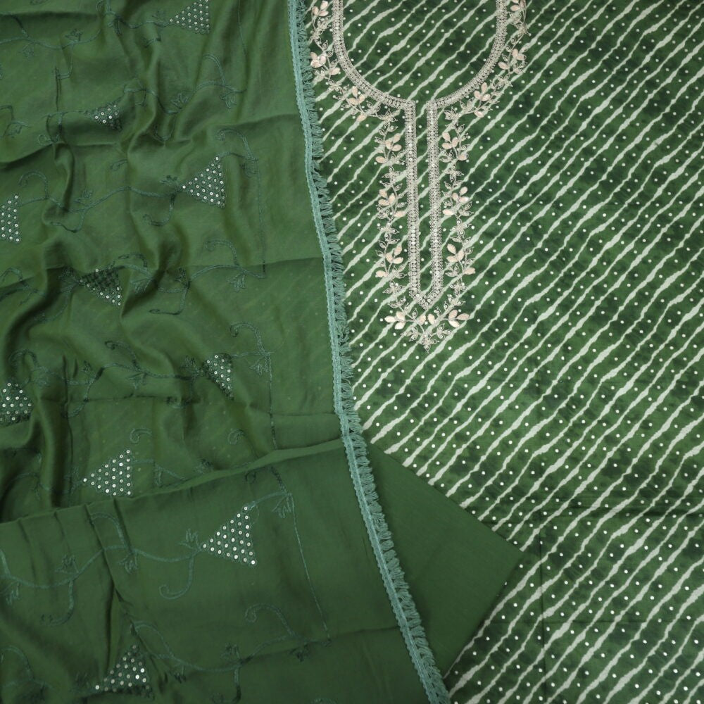 Army Green Leheriya Glazed Cotton Top with Thread work Dupatta Set