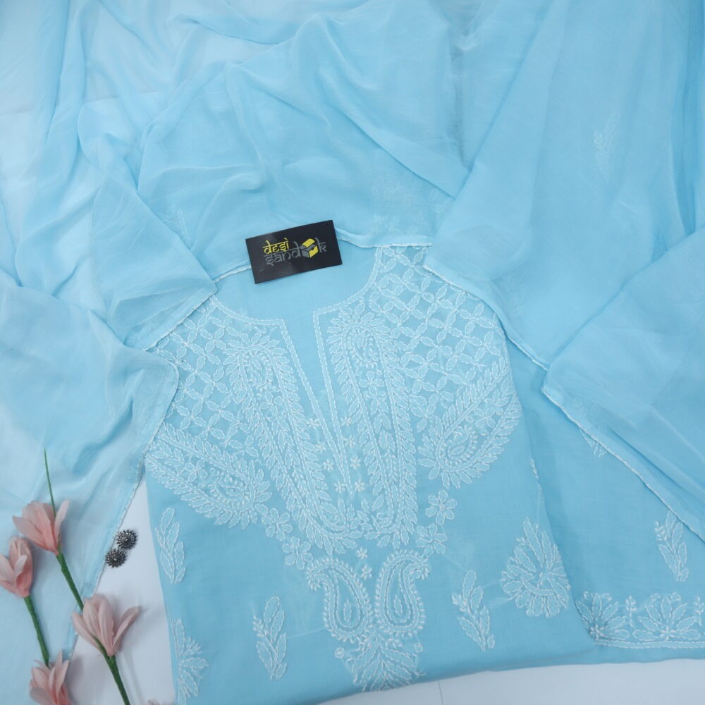 Baby Blue Authentic Chikankari Cotton Top with Chiffon Dupatta Set