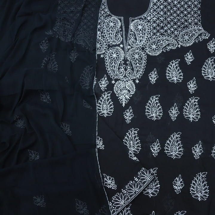 Black Authentic Chikankari Cotton Top with Chiffon Dupatta Set