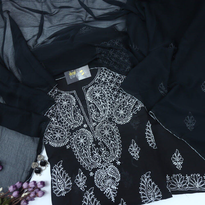 Black Authentic Chikankari Cotton Top with Chiffon Dupatta Set