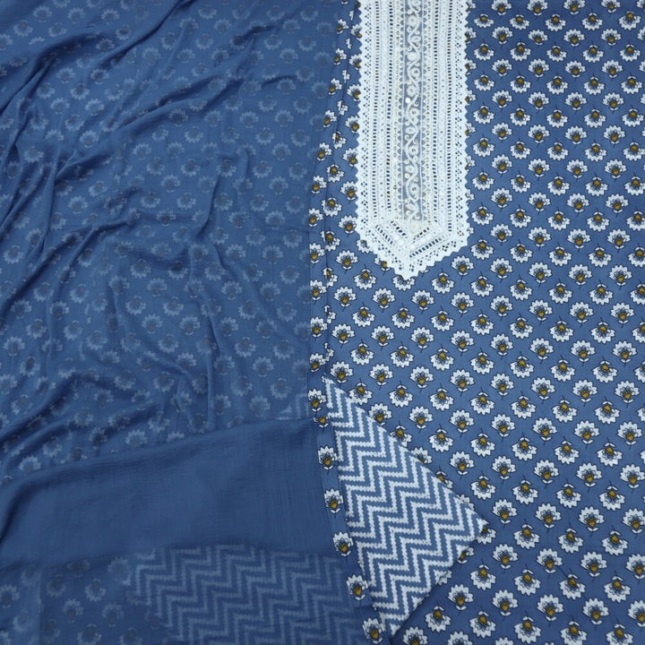 Anchor Blue Printed Cotton Top with Chevron Printed Bottom and Plain Dupatta Set