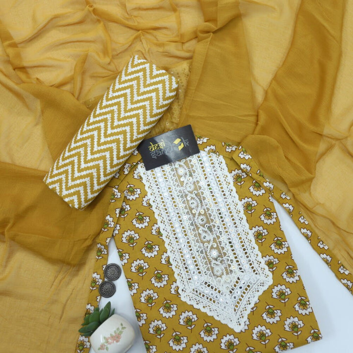 Blonde Yellow Printed Cotton Top with Chevron Printed Bottom and Plain Dupatta Set