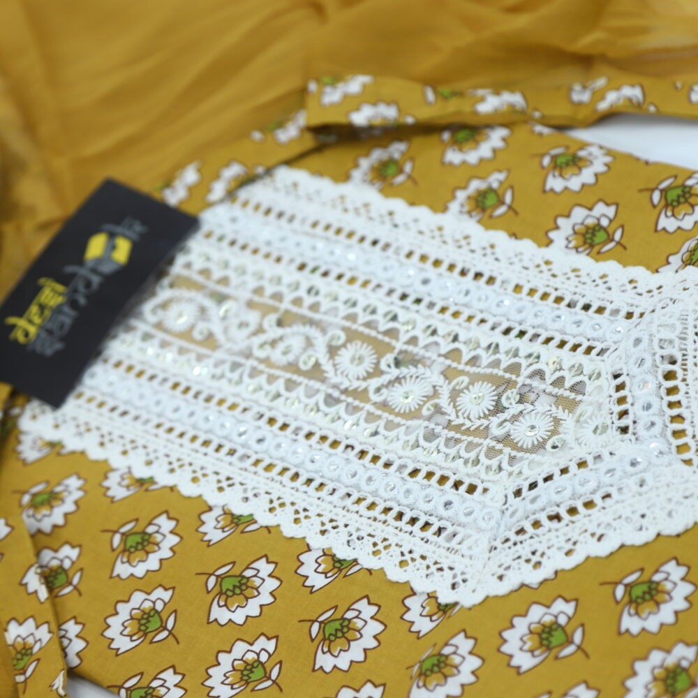 Blonde Yellow Printed Cotton Top with Chevron Printed Bottom and Plain Dupatta Set