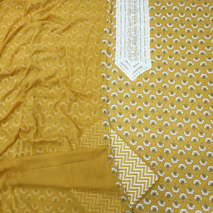 Blonde Yellow Printed Cotton Top with Chevron Printed Bottom and Plain Dupatta Set