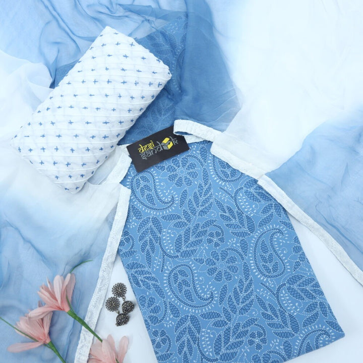 Celestial Blue Printed Cotton Top with White Pintuck Bottom and Dual Shade Dupatta Set