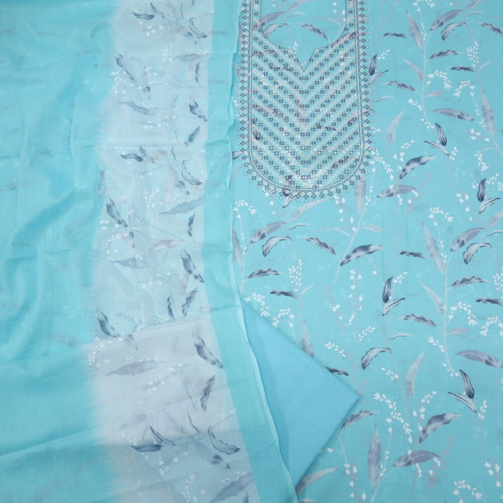 Aqua Blue Floral Printed Cotton Top with Mul Printed Dupatta Set