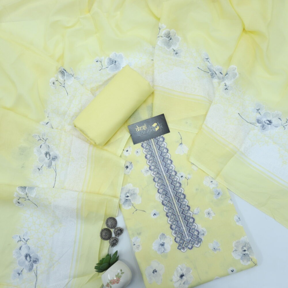Banana Yellow Printed Cotton Top with Printed Dupatta Set