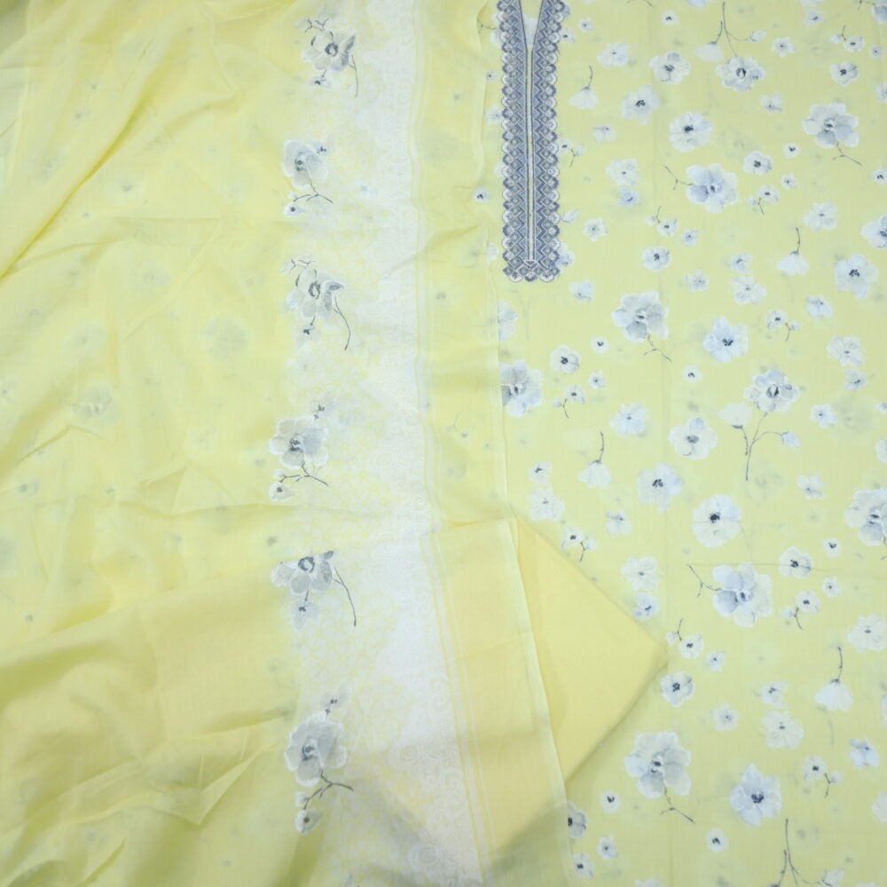Banana Yellow Printed Cotton Top with Printed Dupatta Set
