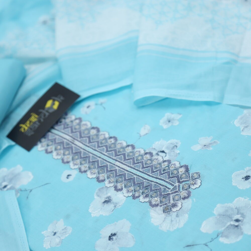 Baby Blue Printed Cotton Top with Printed Dupatta Set