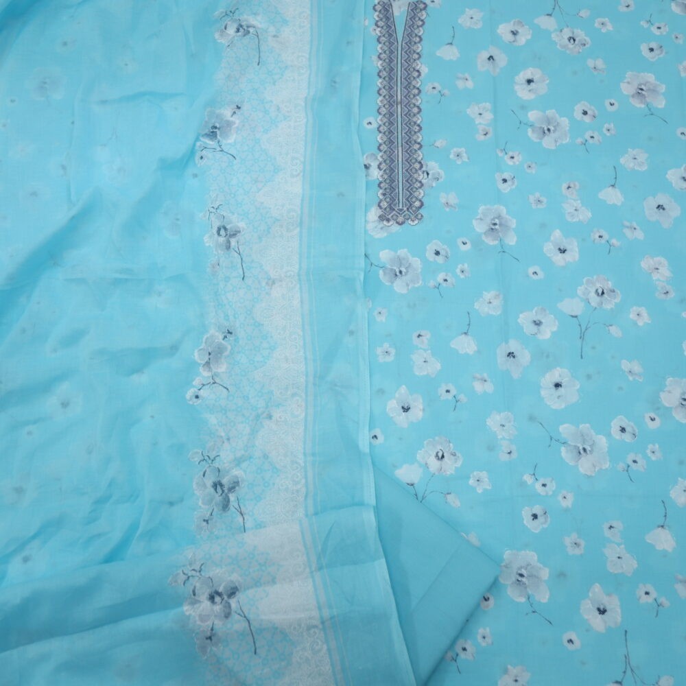 Baby Blue Printed Cotton Top with Printed Dupatta Set