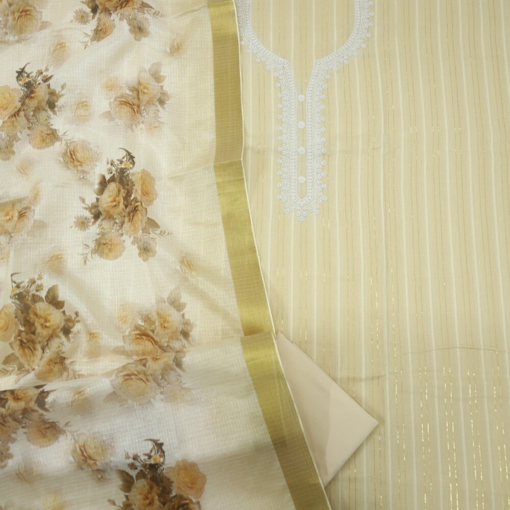 Blonde Yellow Lurex Work Cotton Top with Digital Printed Kota Dupatta Set
