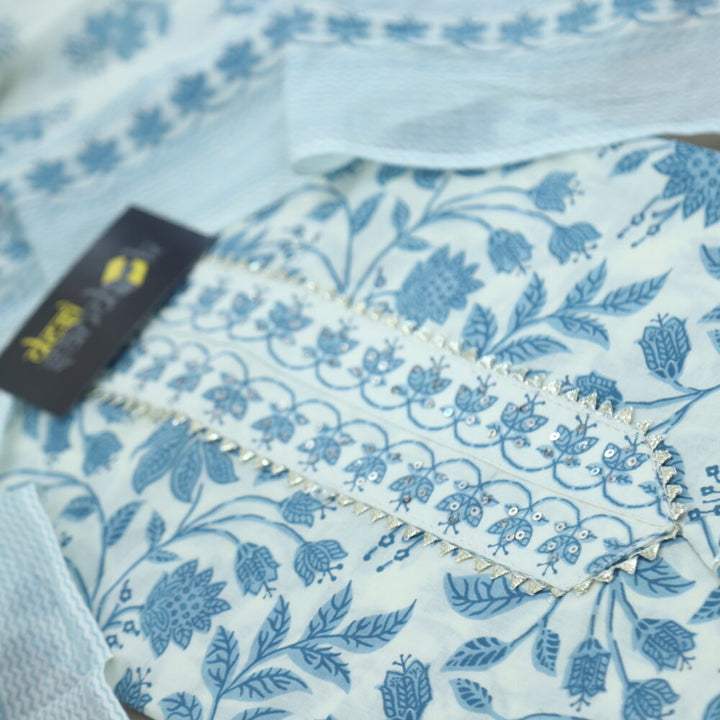 Blue and Cream Printed Cotton Top and Dupatta Set