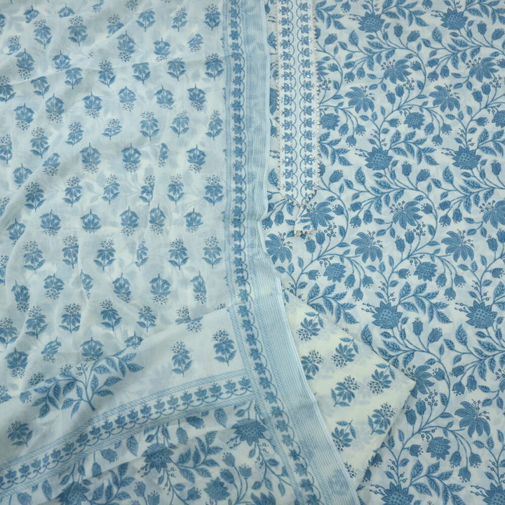 Blue and Cream Printed Cotton Top and Dupatta Set