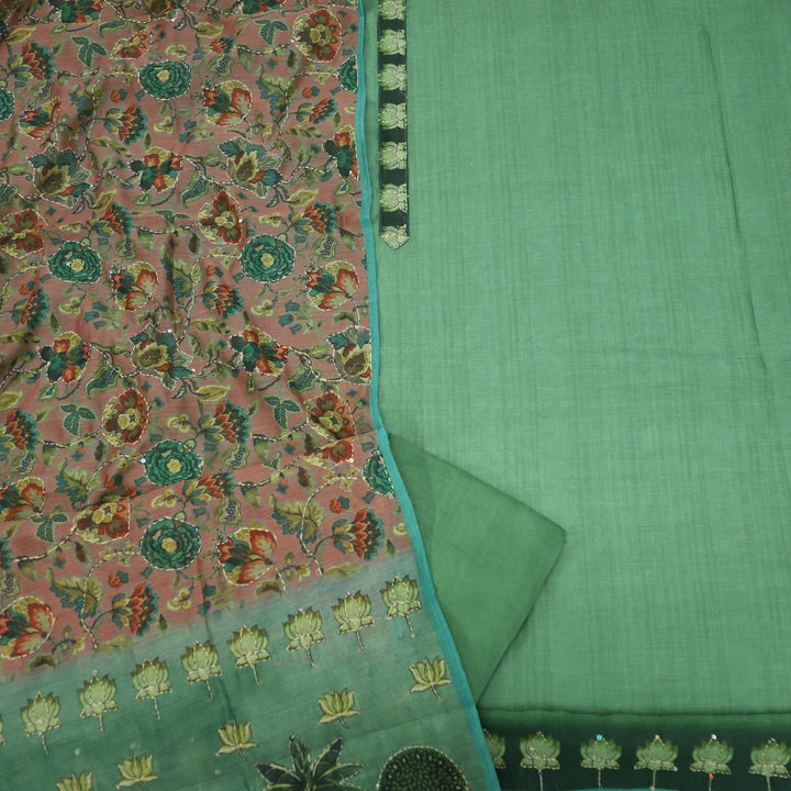 Basil Green Chanderi Top with Kantha Dupatta Set