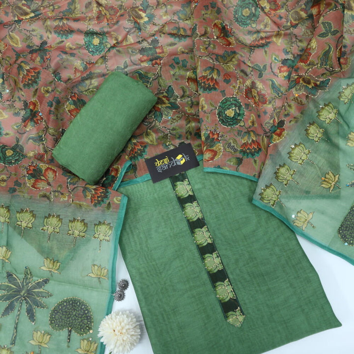 Basil Green Chanderi Top with Kantha Dupatta Set