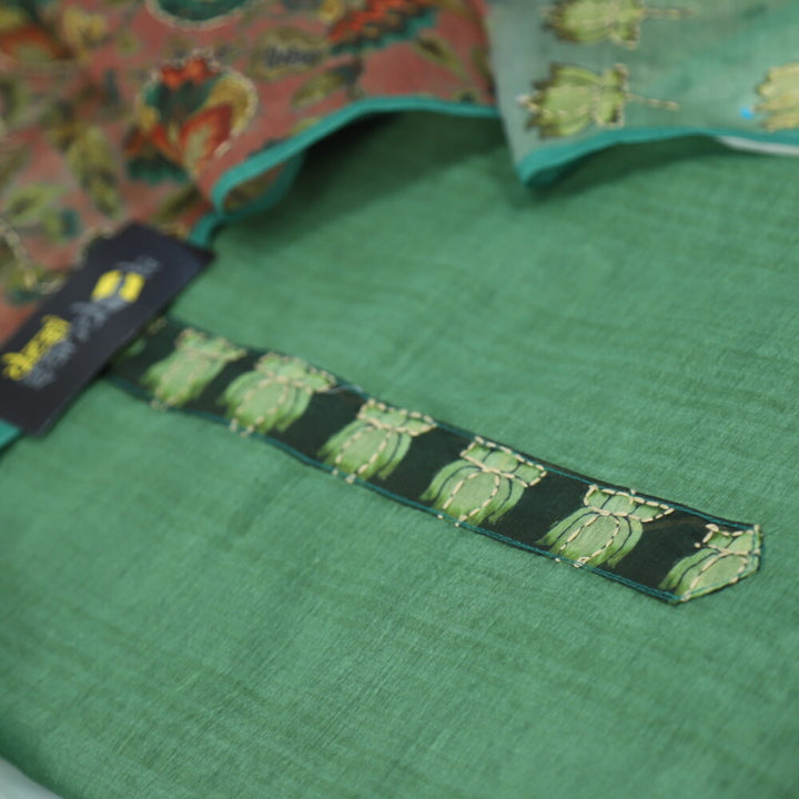 Basil Green Chanderi Top with Kantha Dupatta Set