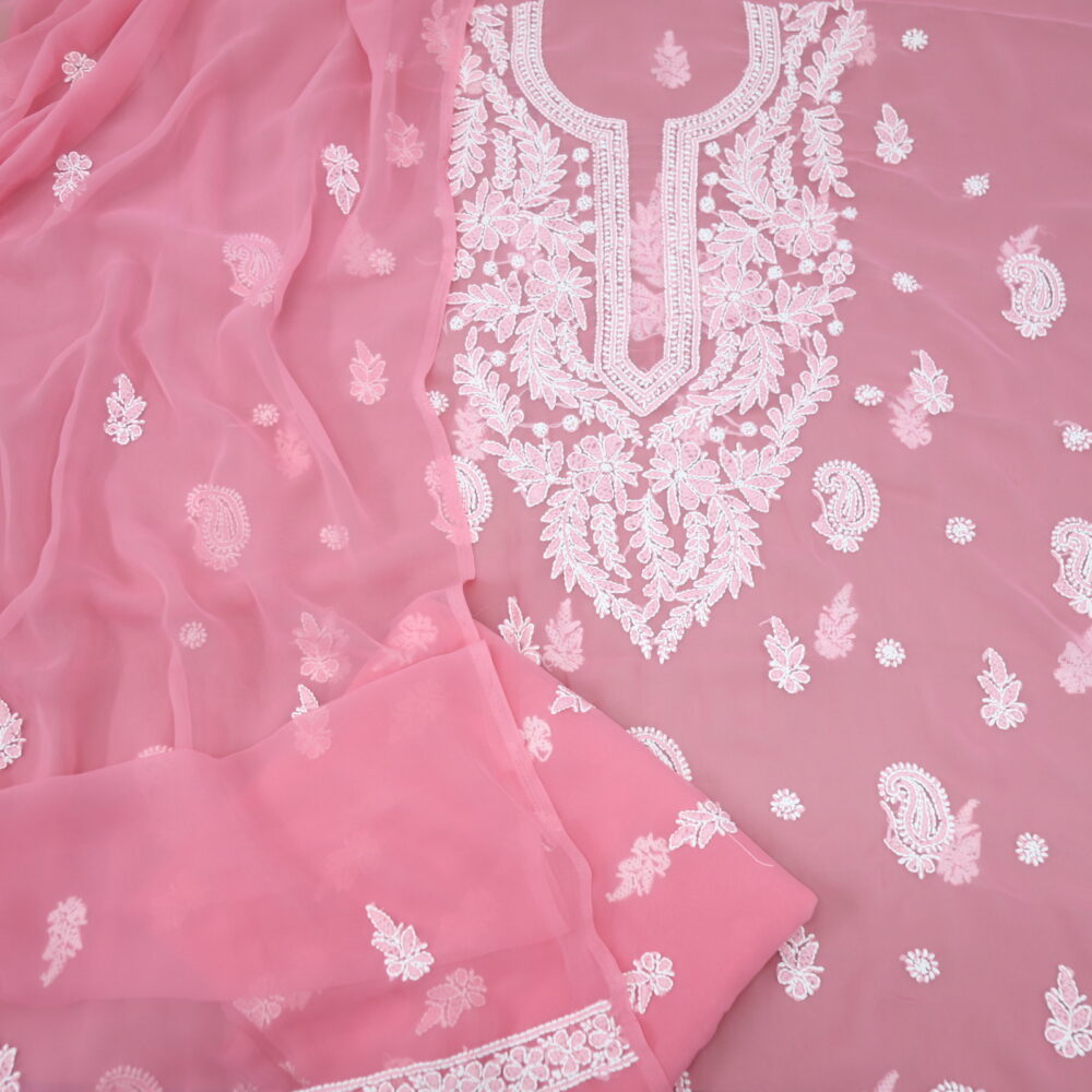 Baby Pink Georgette Chikankari Top with Bottom and Dupatta Set
