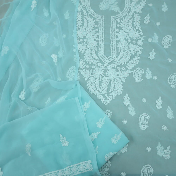 Aqua Georgette Chikankari Top with Bottom and Dupatta Set