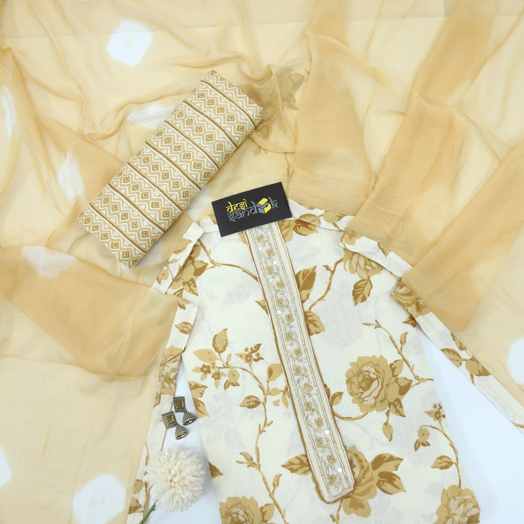 Blonde Yellow and Cream Printed Cotton Top with Chiffon Tie and Dye Dupatta Set