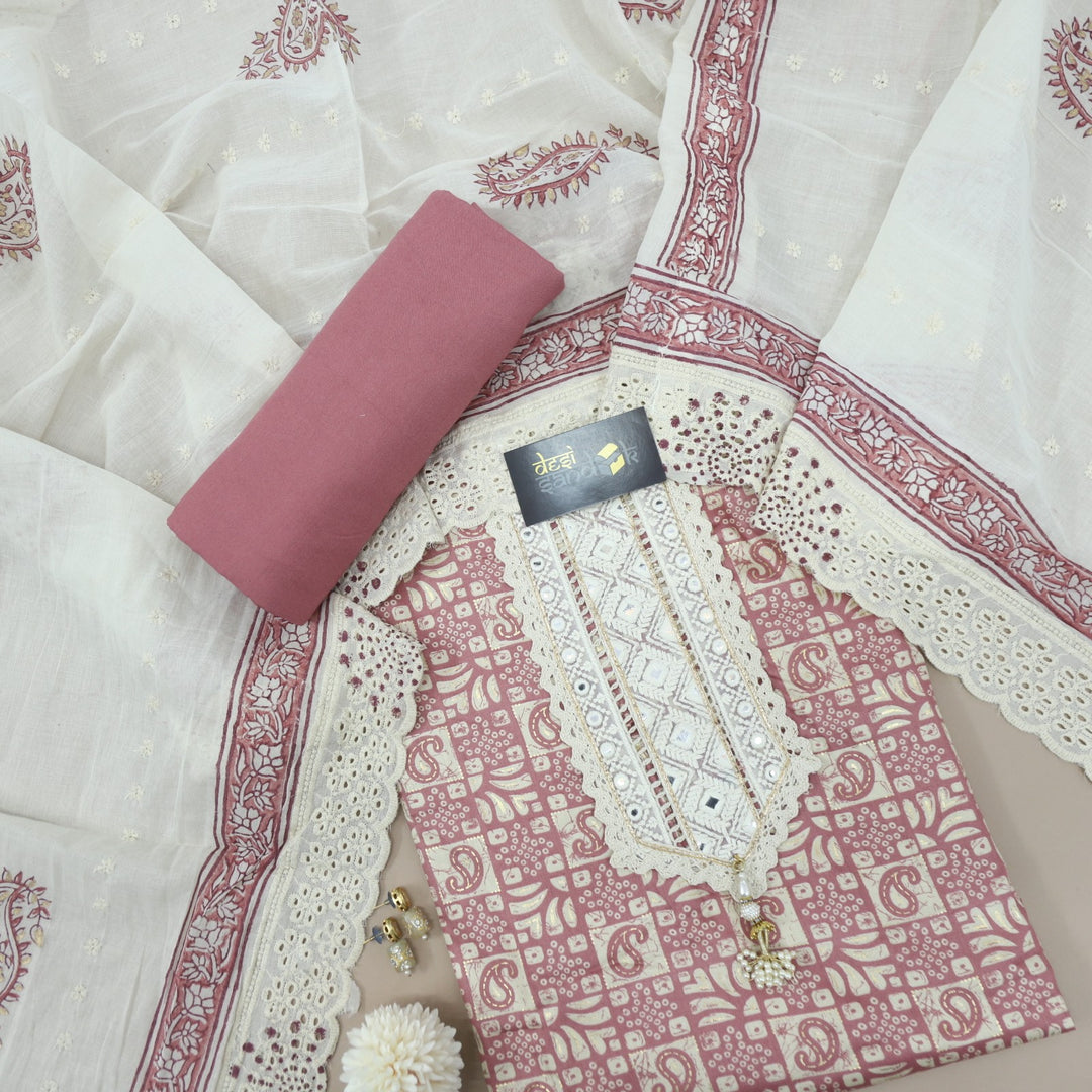Blush Mauve Glazed Cotton Printed Top with Beige Dupatta With Lace Work