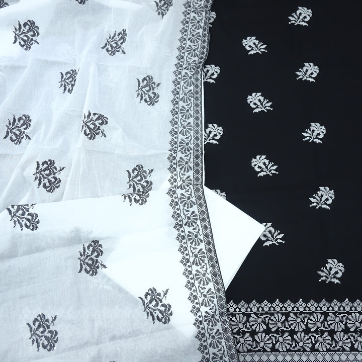 Black Cotton Cross Stitch Work Top with White Dupatta Set-1