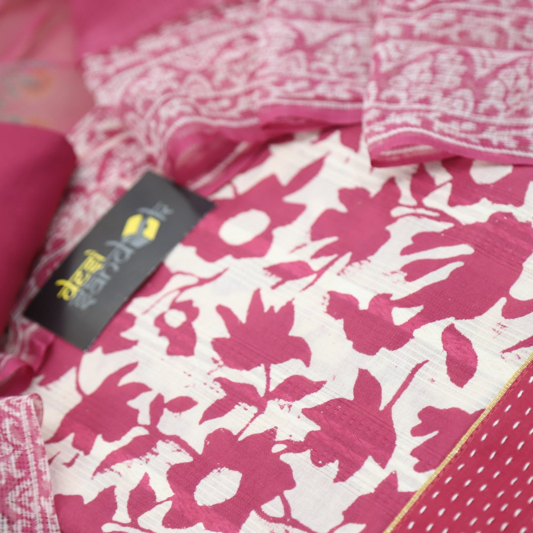 Cerise Pink Dabu Inspired Printed Cotton Top and Dupatta Set