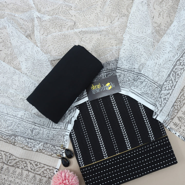 Black Weaved Top with White Printed Kota Dupatta Set-1