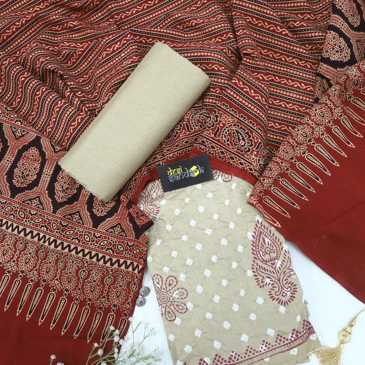 Beige Authentic Bandhej Cotton Top with Rust Red Ajrak Dupatta Set