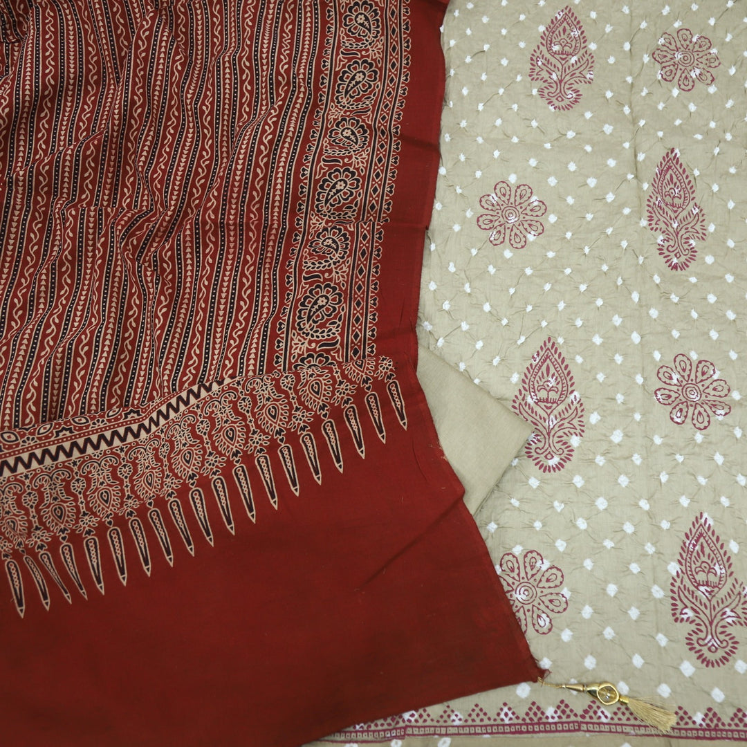 Beige Authentic Bandhej Cotton Top with Rust Red Ajrak Dupatta Set