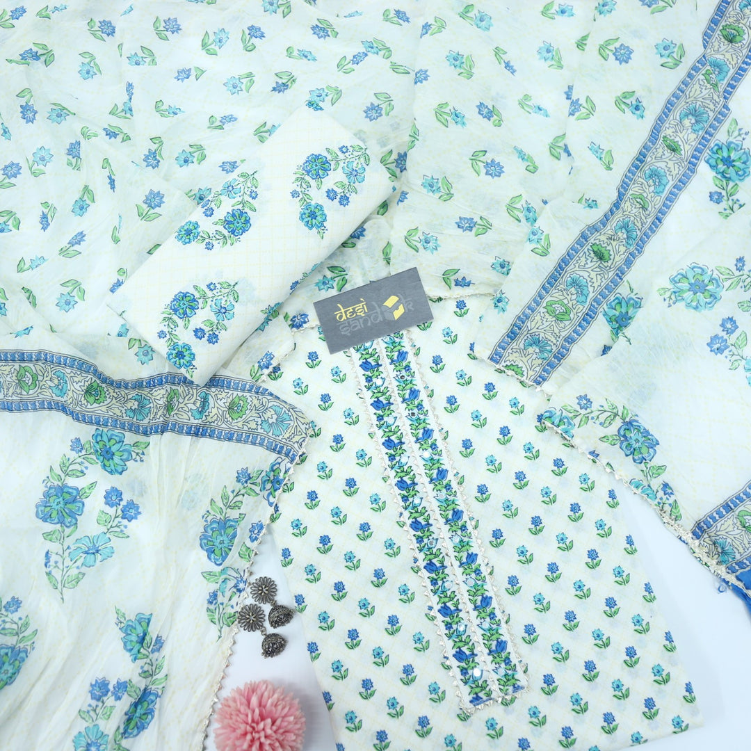 Cream and Blue Printed Cotton Top with Printed Bottom and Dupatta Set