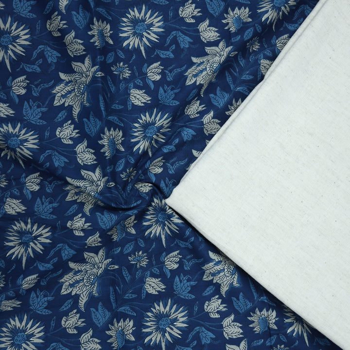 Blue Screen Printed Cotton with Khadi Cotton 2 Piece Fabric