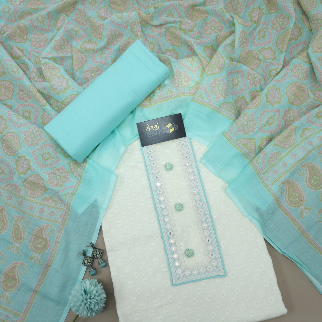 Cream Self Design Cotton Top with Aqua Printed Dupatta Set