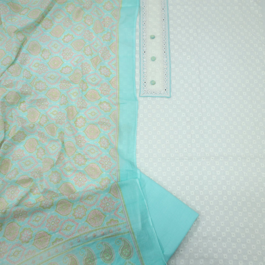 Cream Self Design Cotton Top with Aqua Printed Dupatta Set