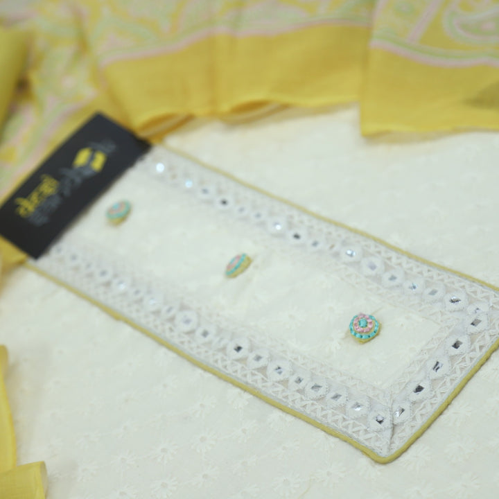 Cream Self Design Cotton Top with Yellow Printed Dupatta Set