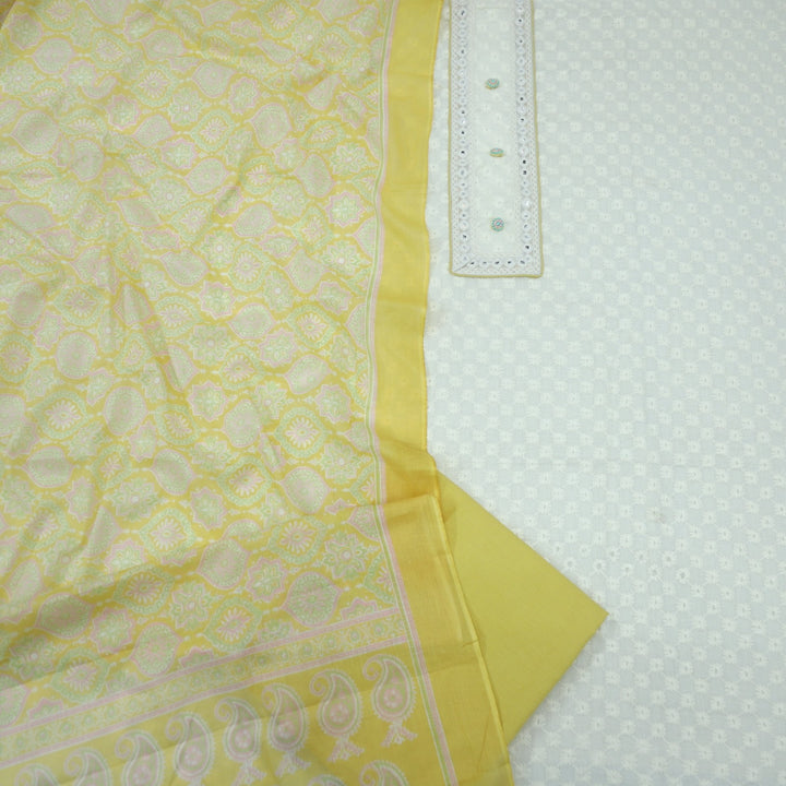 Cream Self Design Cotton Top with Yellow Printed Dupatta Set