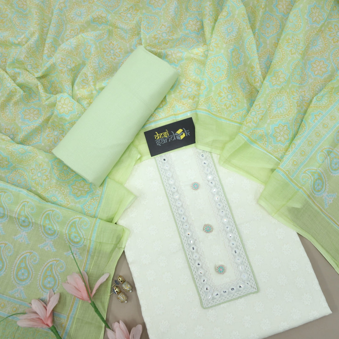 Cream Self Design Cotton Top with Mint Green Printed Dupatta Set