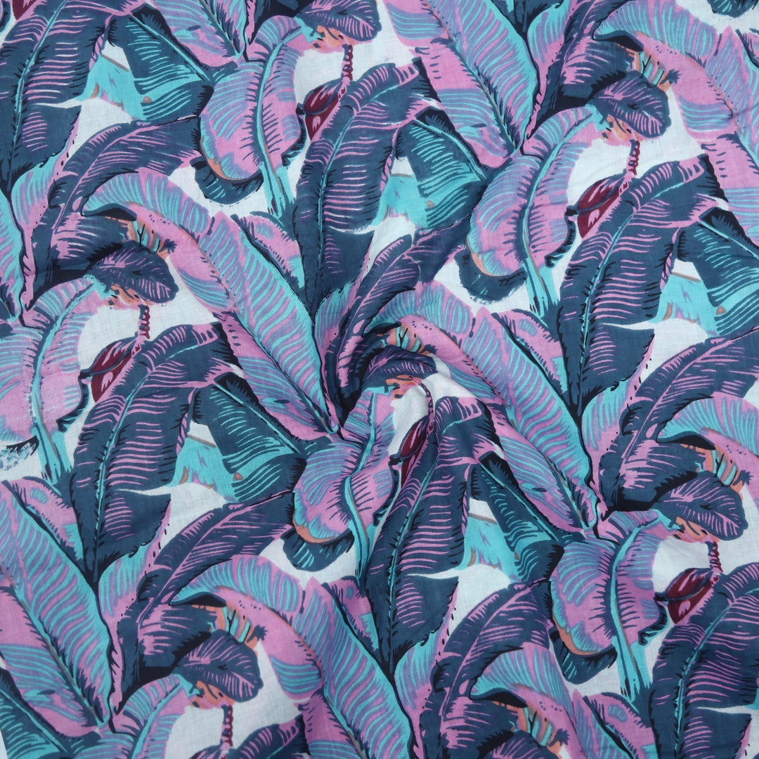 Blue and Pink Tropical Printed Cotton Fabric
