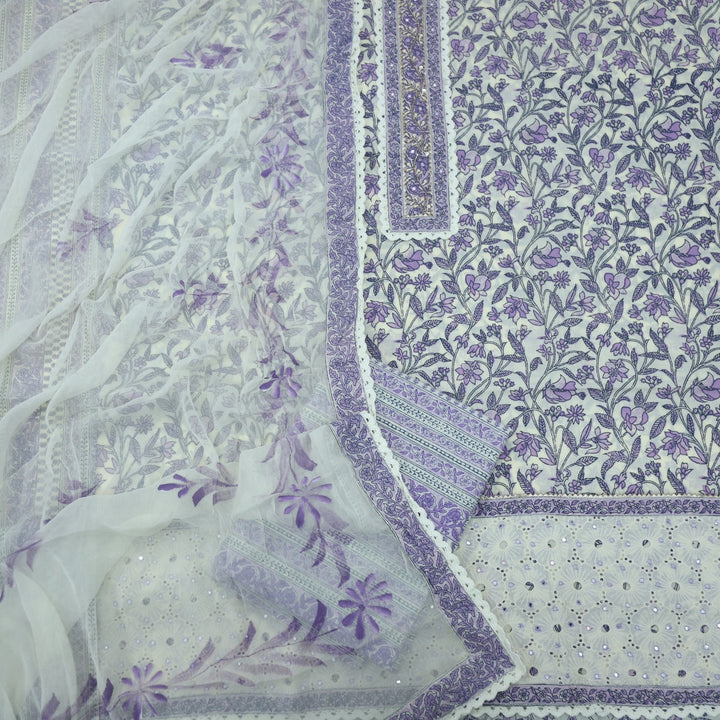 Cream and Purple Printed Cotton Top with Cream Chiffon HandPainted Dupatta Set
