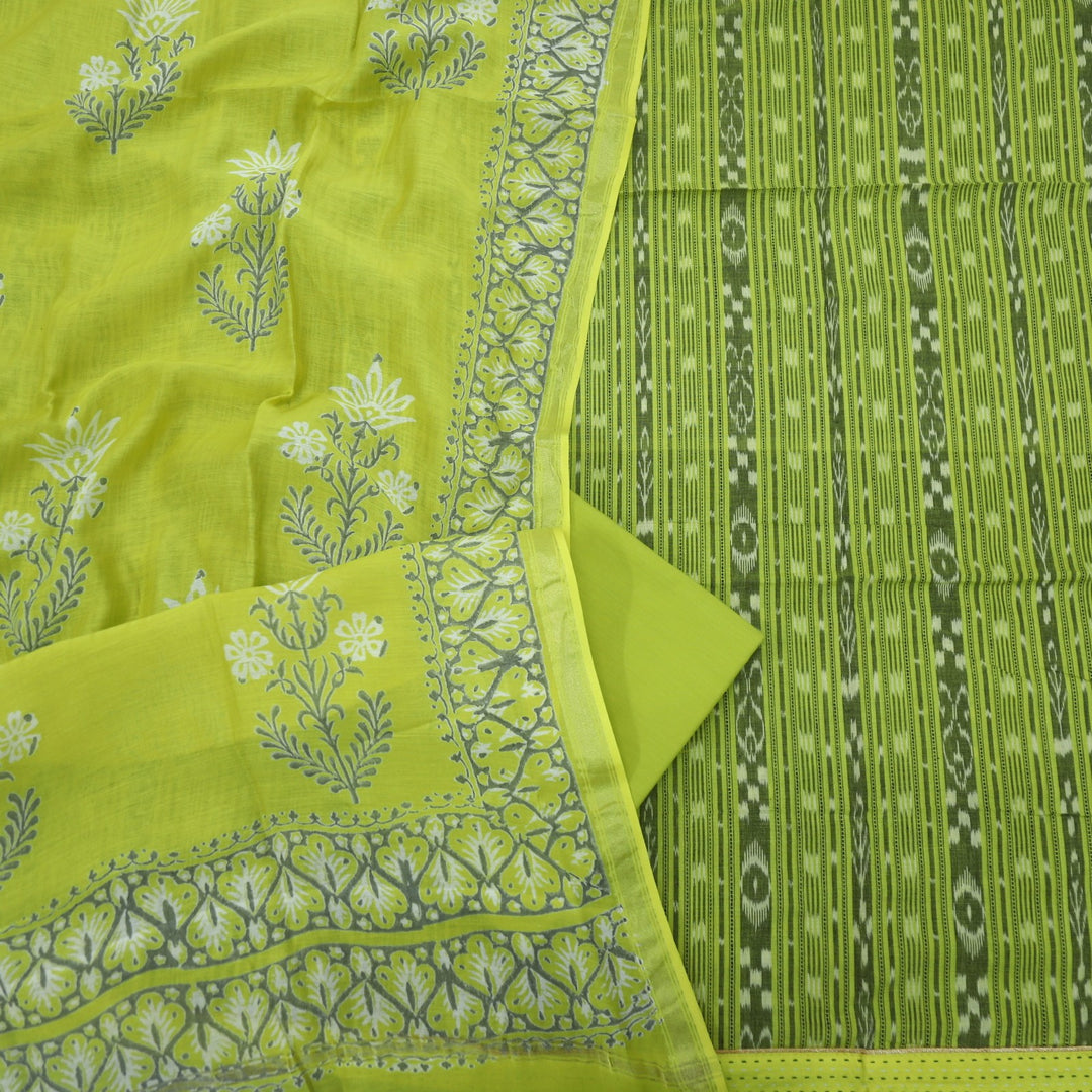 Authentic Ikkat Work Parrot Green Cotton Top with Printed Dupatta Set