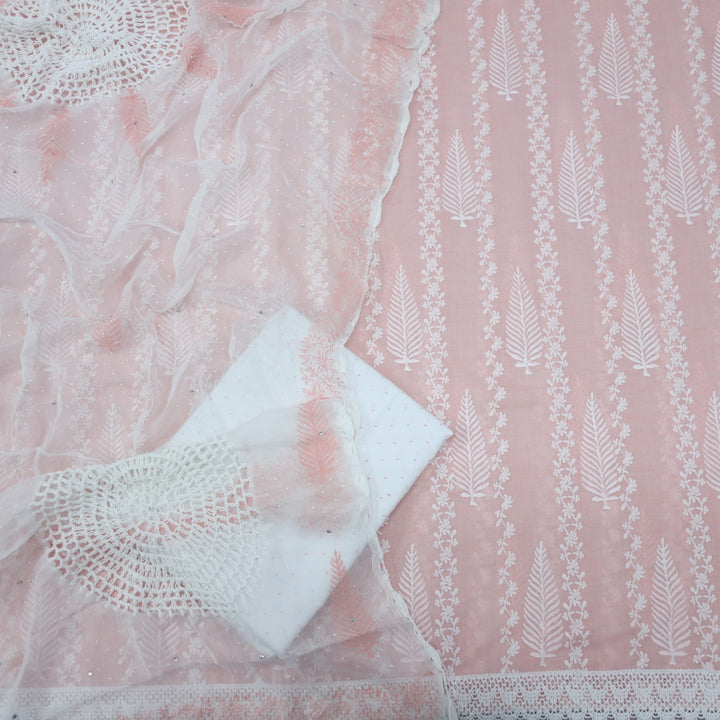 Baby Peach Thread Work Cotton Top With Crochet Work Chiffon Dupatta Set