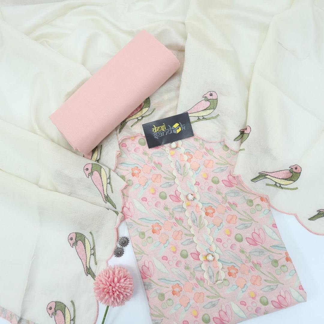 Baby Pink Floral Cotton Top with Bird Print Embroidered Cotton Silk Dupatta Set