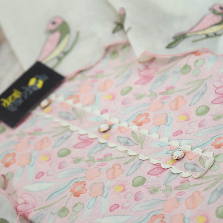 Baby Pink Floral Cotton Top with Bird Print Embroidered Cotton Silk Dupatta Set