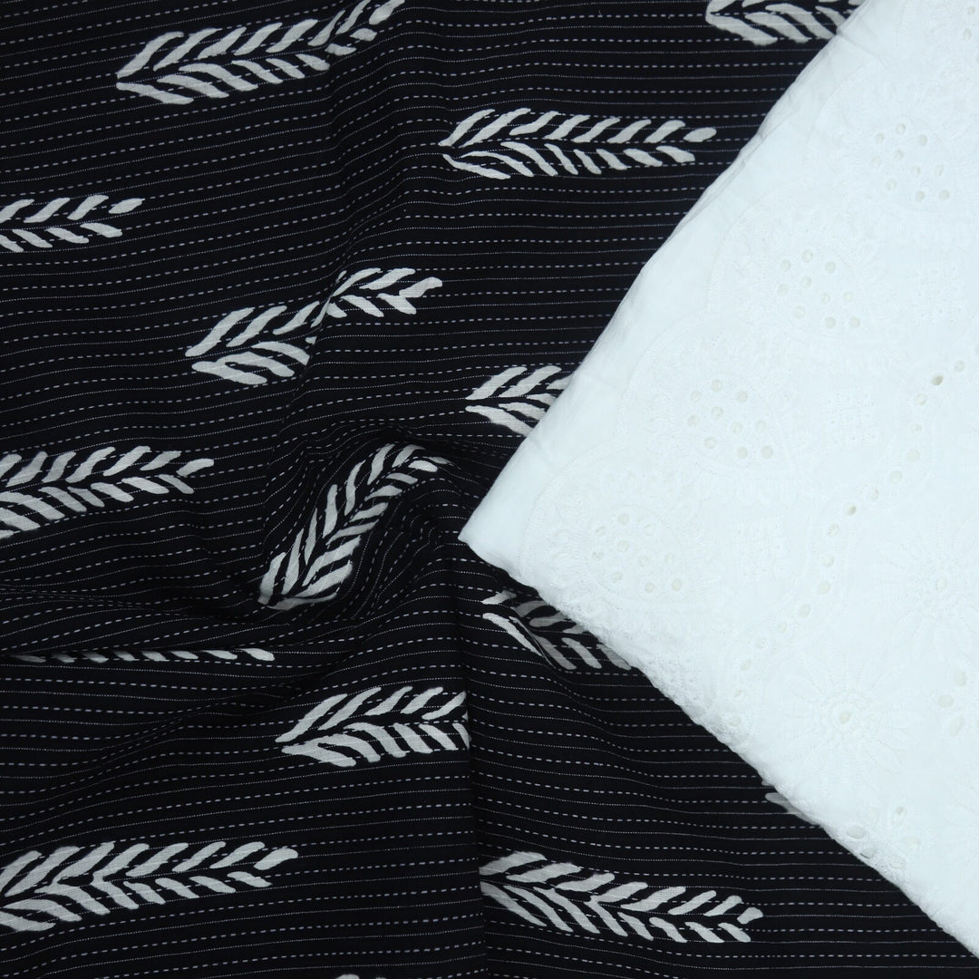 Black Printed Cotton Kantha Work Fabric with Schiffli