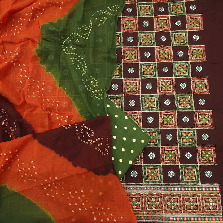 Chocolate Brown Kutch Embroidered Cotton Top with Bandhani Dupatta Set
