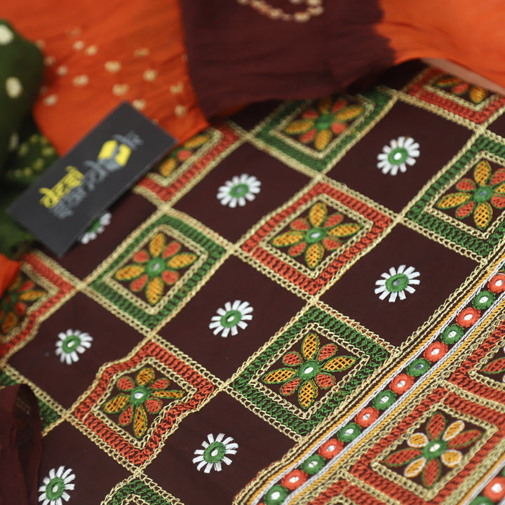 Chocolate Brown Kutch Embroidered Cotton Top with Bandhani Dupatta Set