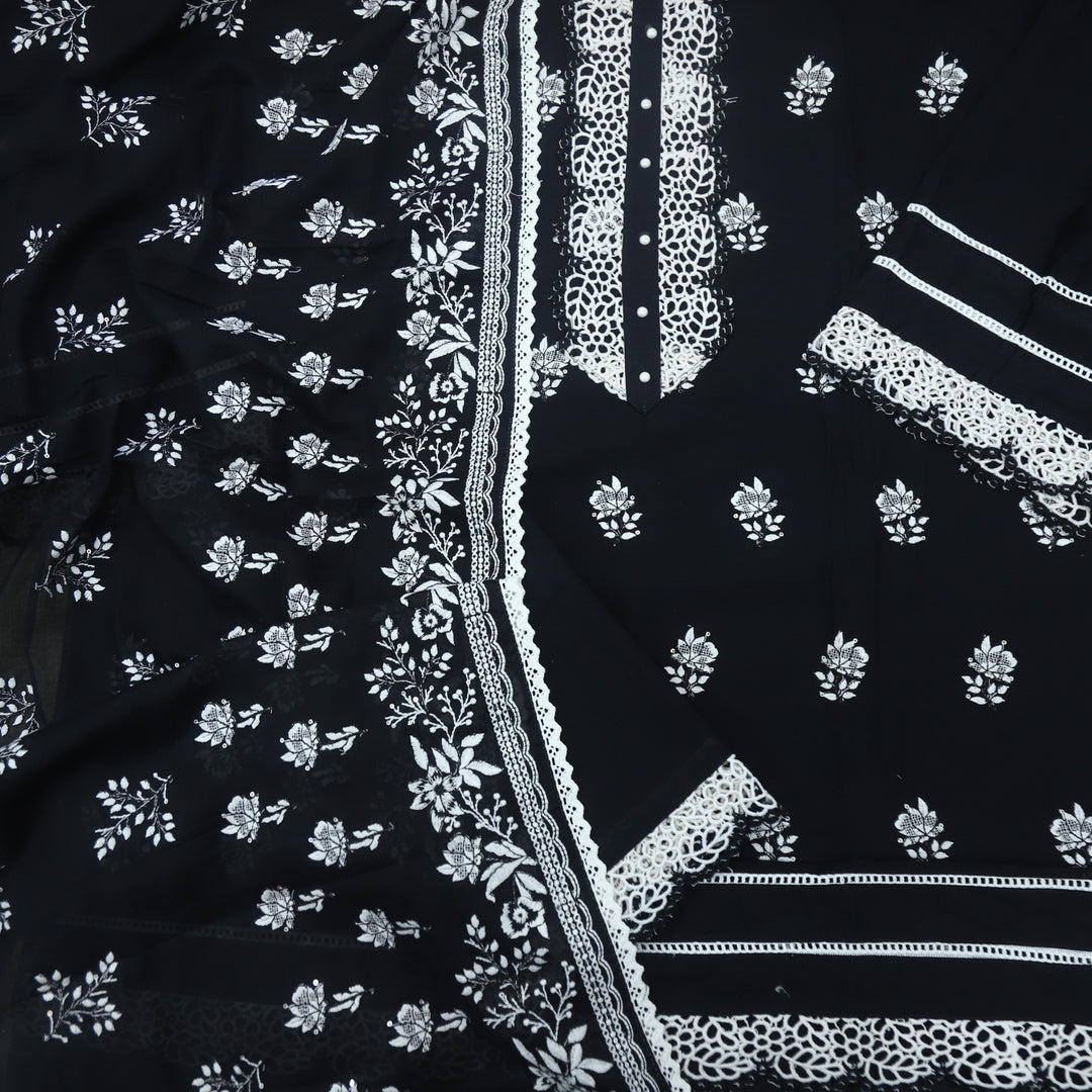 Black Embroidered Cotton Top with Embroidered Cotton Dupatta Set