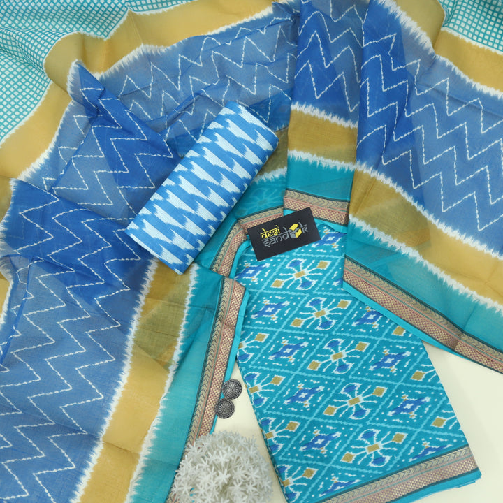 Aqua Blue Digital Printed Cotton Top with Printed Dupatta Set-D2