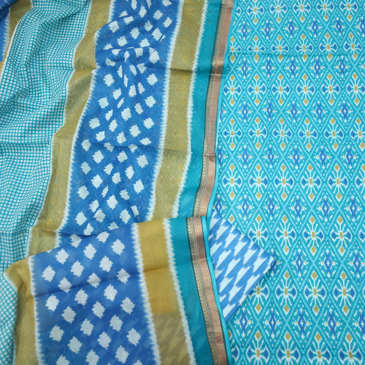 Aqua Blue Digital Printed Cotton Top with Printed Dupatta Set-D2