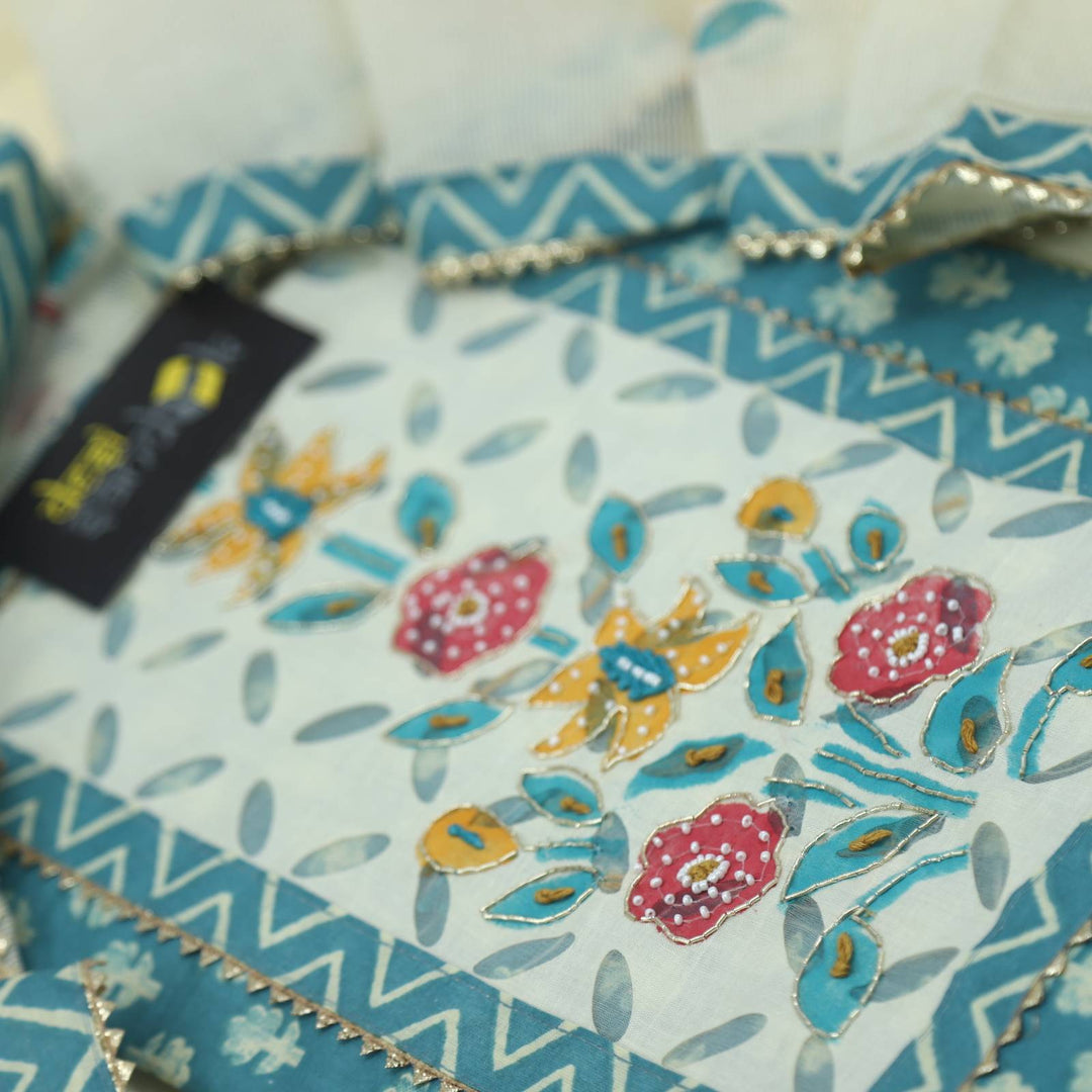 Cerulean Blue Cotton Blend Top with Hand Printed Kota Dupatta Set