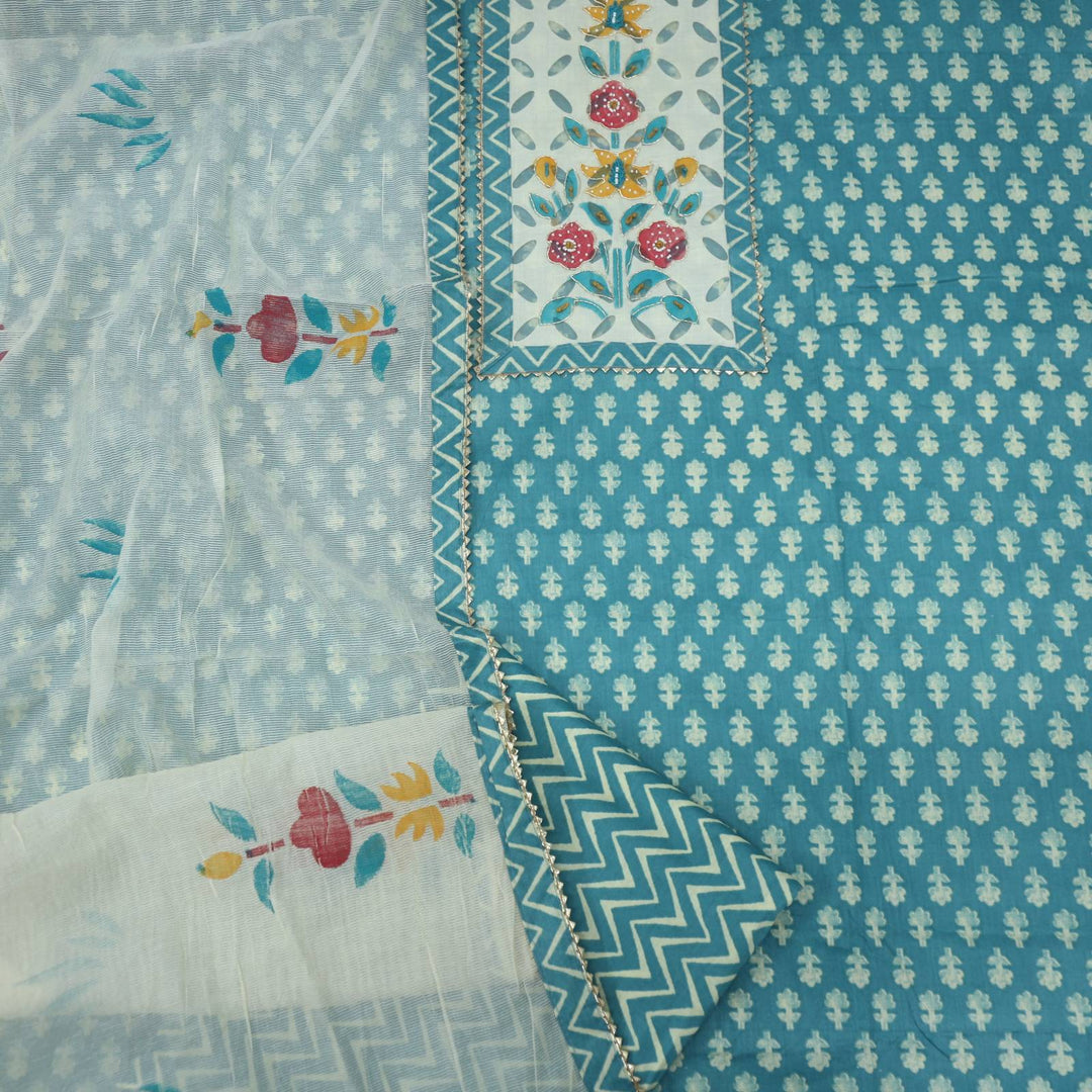 Cerulean Blue Cotton Blend Top with Hand Printed Kota Dupatta Set